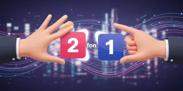 Illustration of two identical subscription logos, one hand showing 'two' and the other 'one', representing 2-for-1 deals and value.
