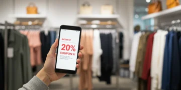 Person holding smartphone with 20% off coupon in apparel store