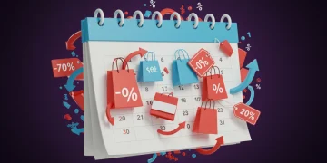 Calendar with shopping bags and discount tags, predicting 2025 sales events