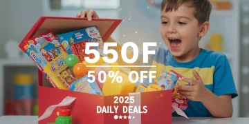 Child opening a gift box with 50% off high-demand toys and games in 2025
