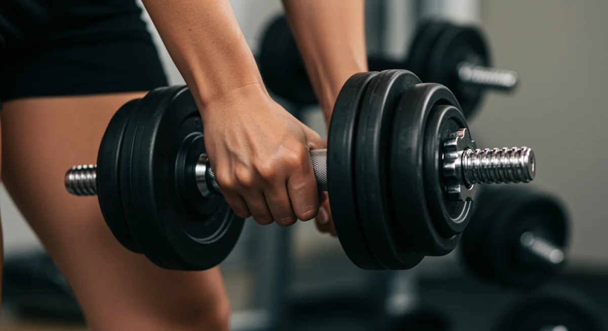 Person using adjustable dumbbells during a home workout session