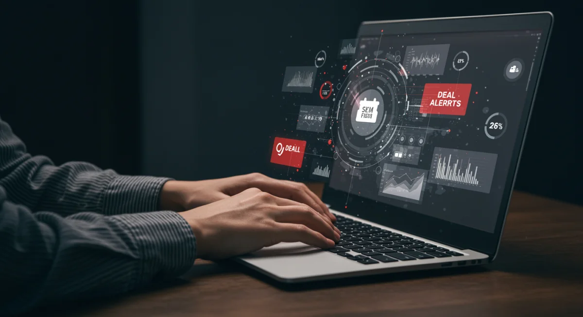 Advanced deal tracking software interface on a laptop, showing real-time price drops and discount alerts.