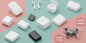 Collection of affordable electronic gadgets under $100, including earbuds, smart plugs, and portable speakers, for mid-2025
