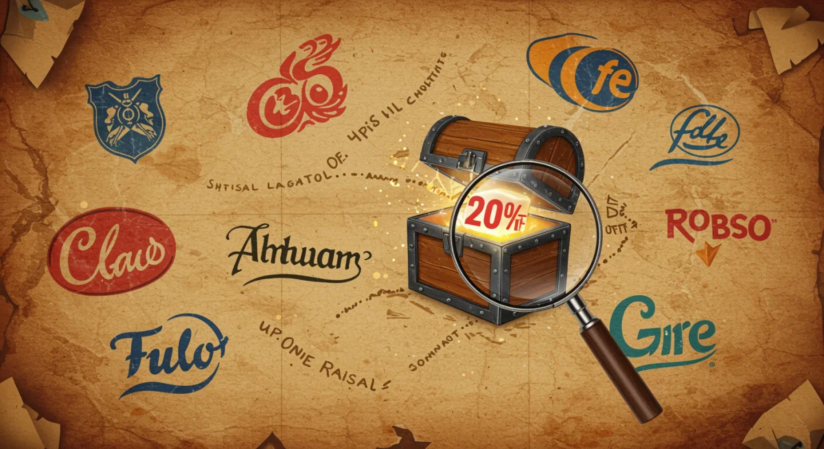 Treasure map with apparel brand logos and a magnifying glass over a 20% off chest