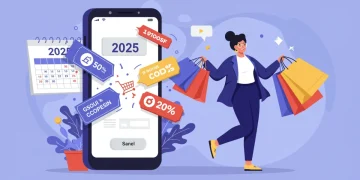 Woman smiling with shopping bags, showcasing smartphone with stacked digital discount coupons for apparel savings in 2025.