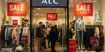 Exclusive Data: Apparel Discounts Up 10% in Q4 2024 Shoppers near a clothing store with sale signs, representing increased apparel discounts in late 2024.