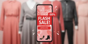 Smartphone displaying a flash sale alert for clothing, with stylish apparel in the background.