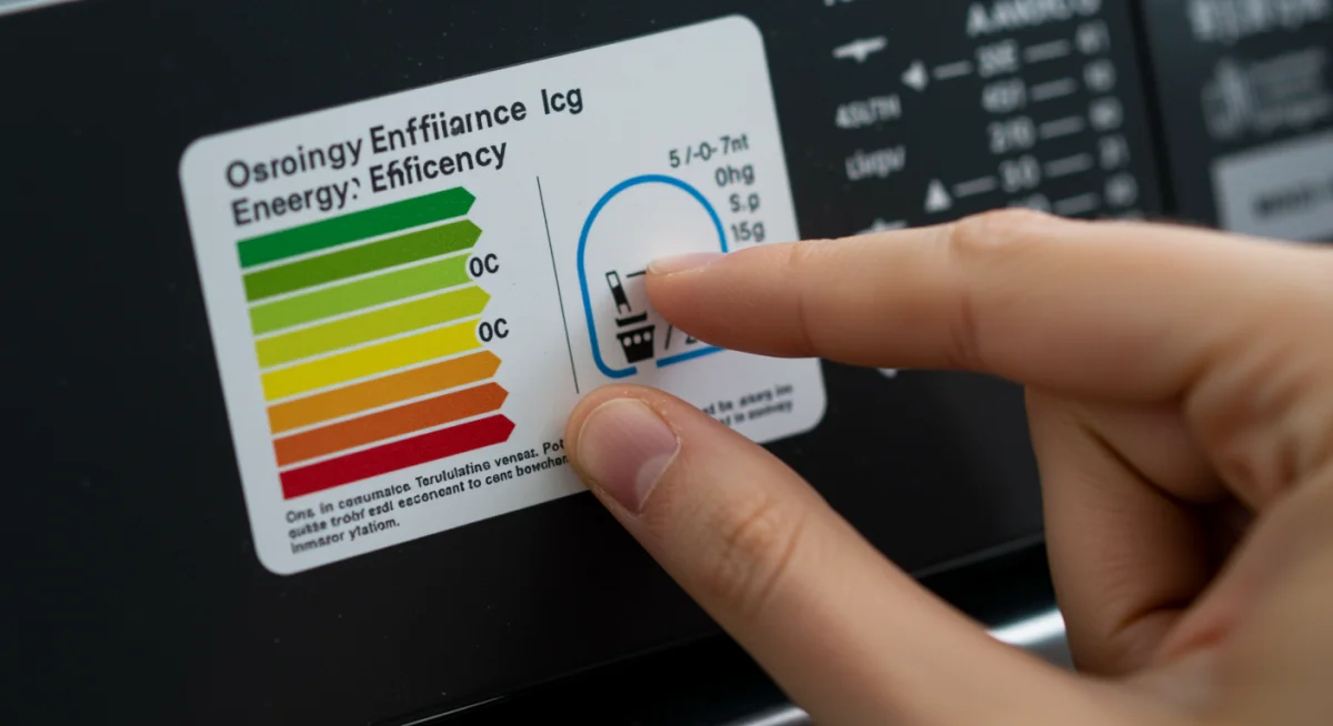 Close-up of an energy efficiency label on a major appliance, highlighting key ratings.
