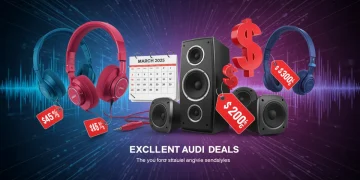 Dynamic graphic of headphones and speakers with sale tags for March 2025, representing top audio deals.