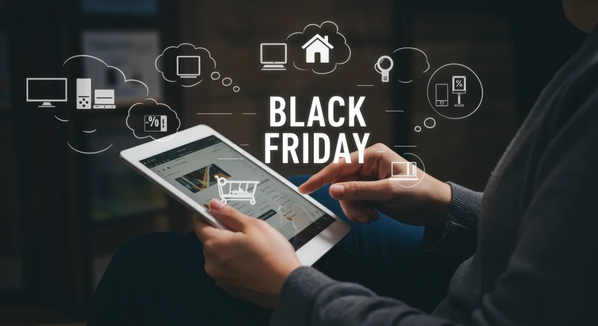 Shopper strategizing Black Friday electronics purchases on a tablet