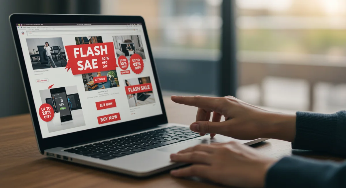 Person quickly browsing for electronics deals during an online flash sale.