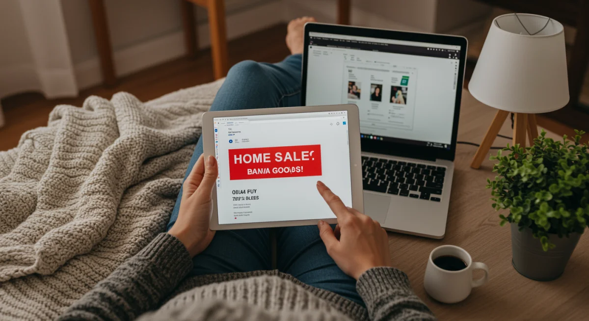 Person browsing online for home goods deals on a tablet, surrounded by cozy home decor.