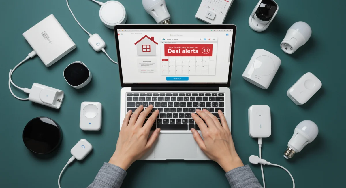 Person browsing smart home device deals on laptop with gadgets