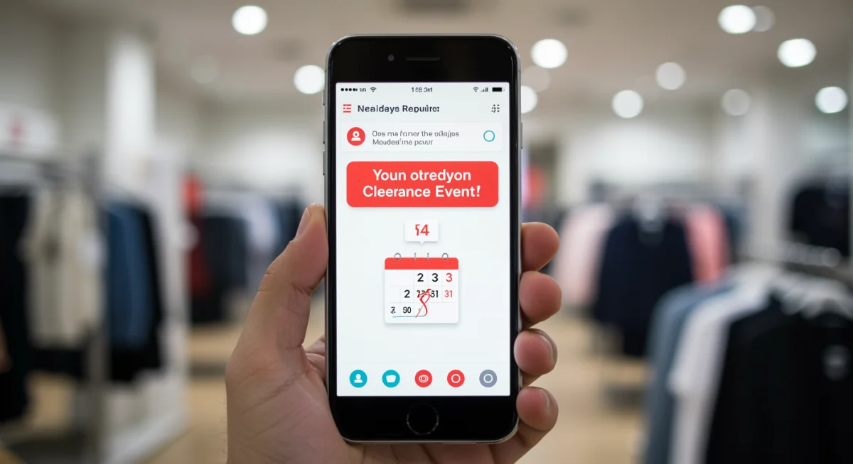 Smartphone displaying a retail app with clearance sale notifications.