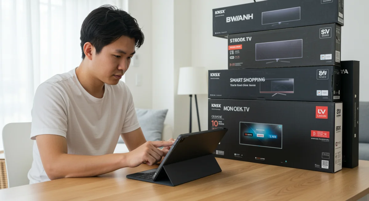 Person comparing TV specifications and prices on tablet