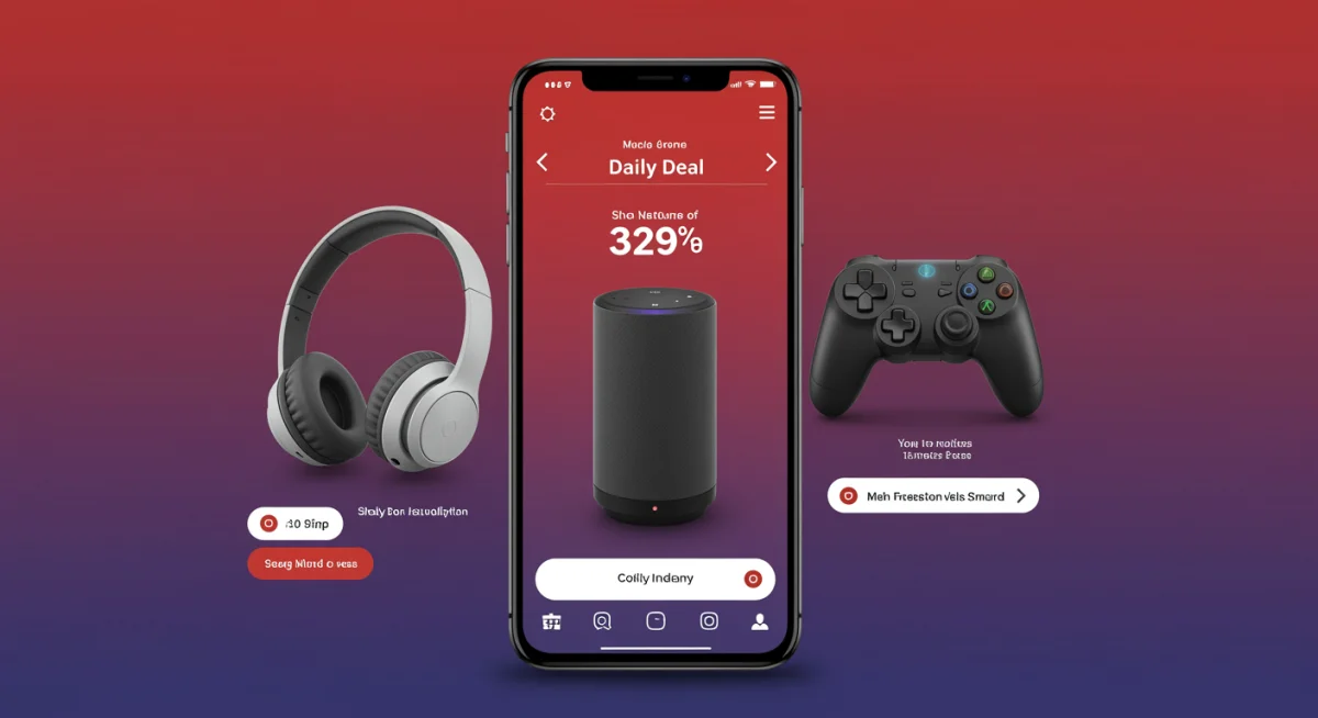 Smartphone displaying daily deal app with discounted electronics.