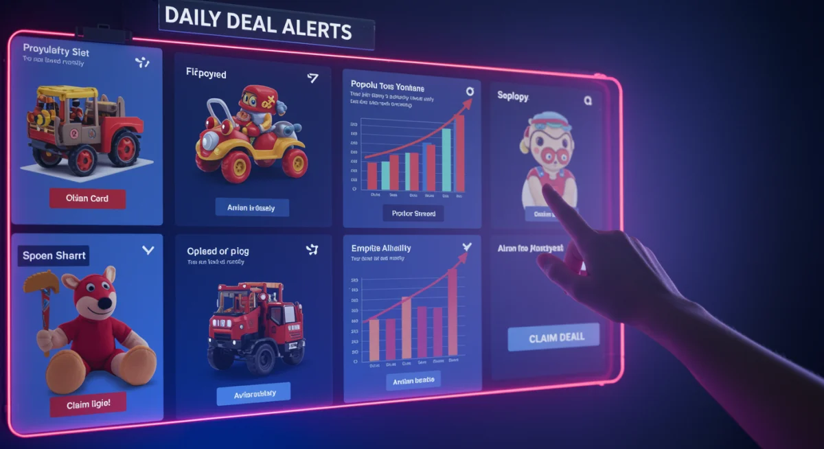 Digital dashboard showing daily deal alerts and price drops for toys and games