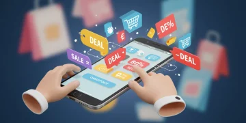 Smartphone displaying daily deal alerts with hands eagerly reaching for limited stock items in an online shopping futuristic setting.