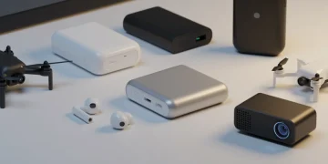 Assortment of modern tech gadgets like earbuds, power bank, mini drone, smart home device, and compact projector, symbolizing top daily deals under $100.