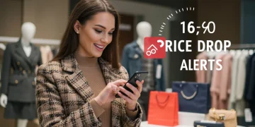 Woman checking phone for designer apparel price drop alerts