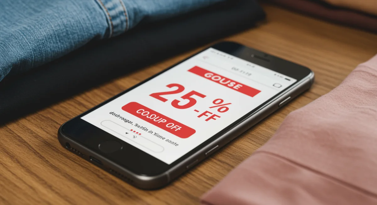 Digital coupon for 25% off apparel on a smartphone screen, showcasing online savings.