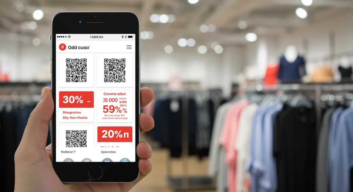 Smartphone showing multiple coupon codes and discount alerts for apparel, highlighting digital savvy shopping.
