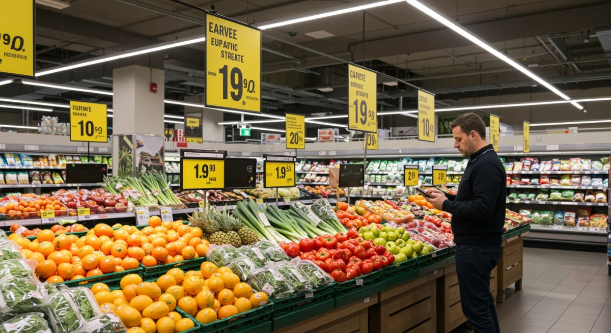Digital price tags and a shopper comparing grocery deals in a modern supermarket