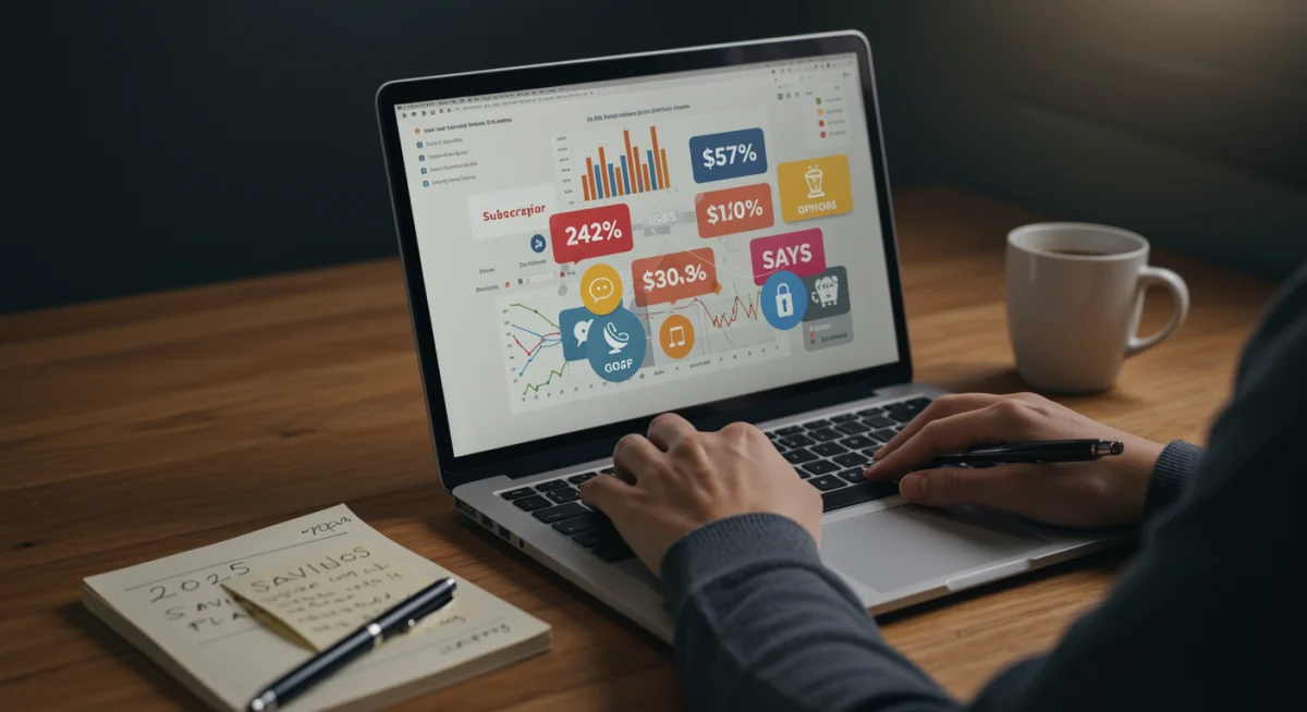 Person researching and comparing various subscription deals on a laptop, aiming to find 2-for-1 offers and save money.