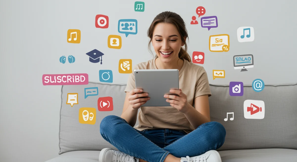 Person enjoying digital subscription services with savings