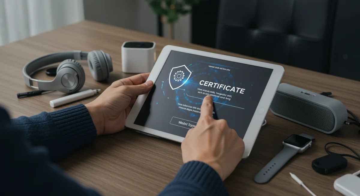 Person reviewing digital warranty on tablet surrounded by electronics