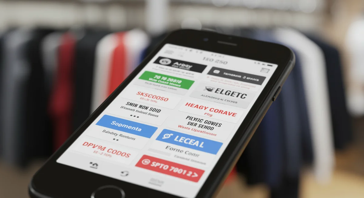 Smartphone displaying discount codes for premium clothing