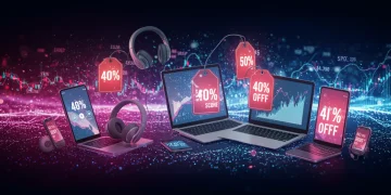 Futuristic display of discounted electronics with 40% off tags