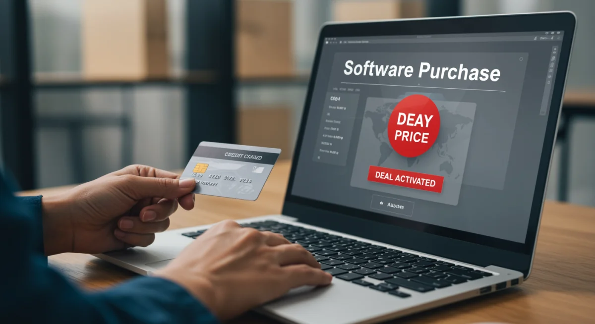 Hand holding credit card over laptop showing discounted software purchase, illustrating smart tech investment.