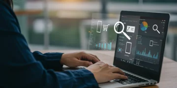 Person tracking electronics prices on a laptop for smart shopping