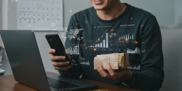 Person smiling with new electronics, representing smart savings in Q2 2025.