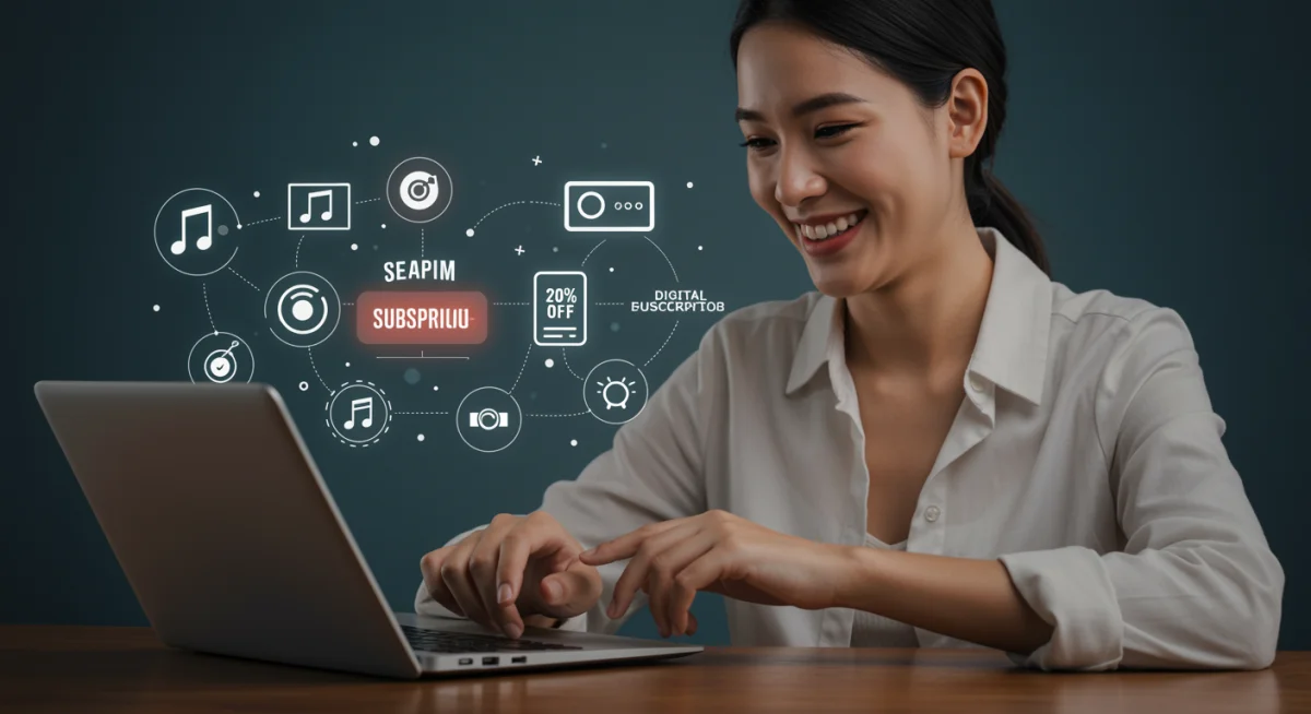 Person enjoying digital subscriptions with significant seasonal discounts