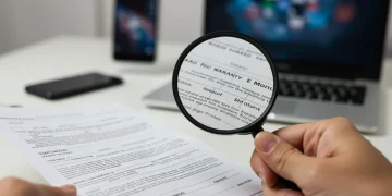 Hand examining electronics warranty document with magnifying glass