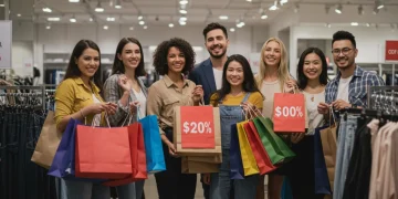Shoppers enjoying significant apparel discounts in a modern retail store, highlighting smart fashion choices.