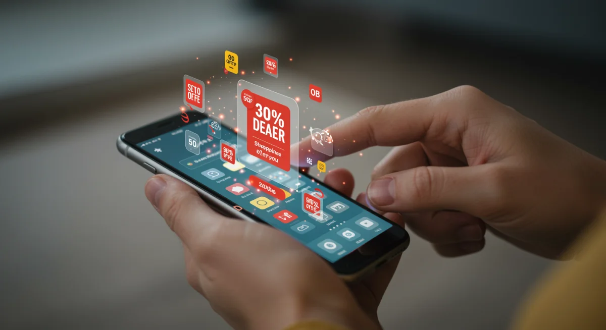 Person's hands using a smartphone to find electronics deals, showing a shopping app with discounts.