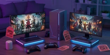 Futuristic gaming setup with consoles and 20% off discount tags for Spring 2025