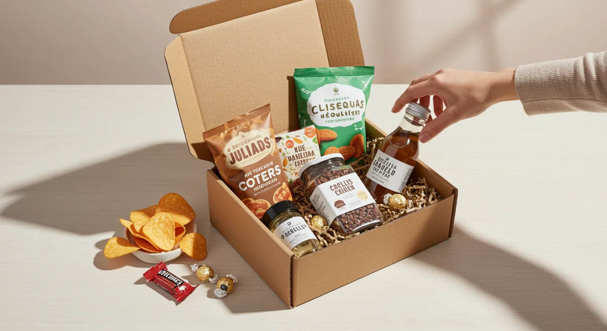 Open snack subscription box revealing gourmet chips, chocolates, tea, and sparkling water, with a hand reaching for an item, symbolizing discovery.