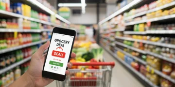 Woman checking grocery deal alerts on her phone for 2025 savings