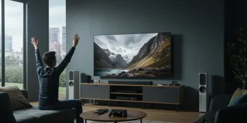Person enjoying home entertainment setup with a large smart TV and various gadgets.