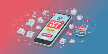 Smartphone showing flash sale alerts for home goods, surrounded by household items and a shopping cart.