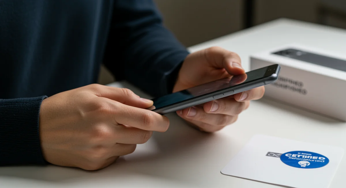 Person inspecting a certified refurbished smartphone for quality