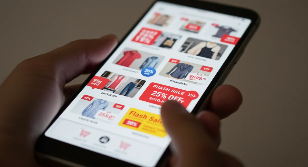 Smartphone displaying a shopping app with 25 percent off discount codes