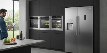 Modern kitchen with new stainless steel major appliances and a person comparing deals on a tablet.