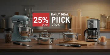 Modern kitchen with essential kitchenware items highlighted for daily deals