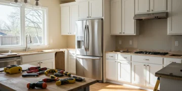 Modern kitchen renovation with new appliances and spring sunlight