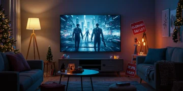 Modern living room with large smart TV displaying movie scene, festive decor